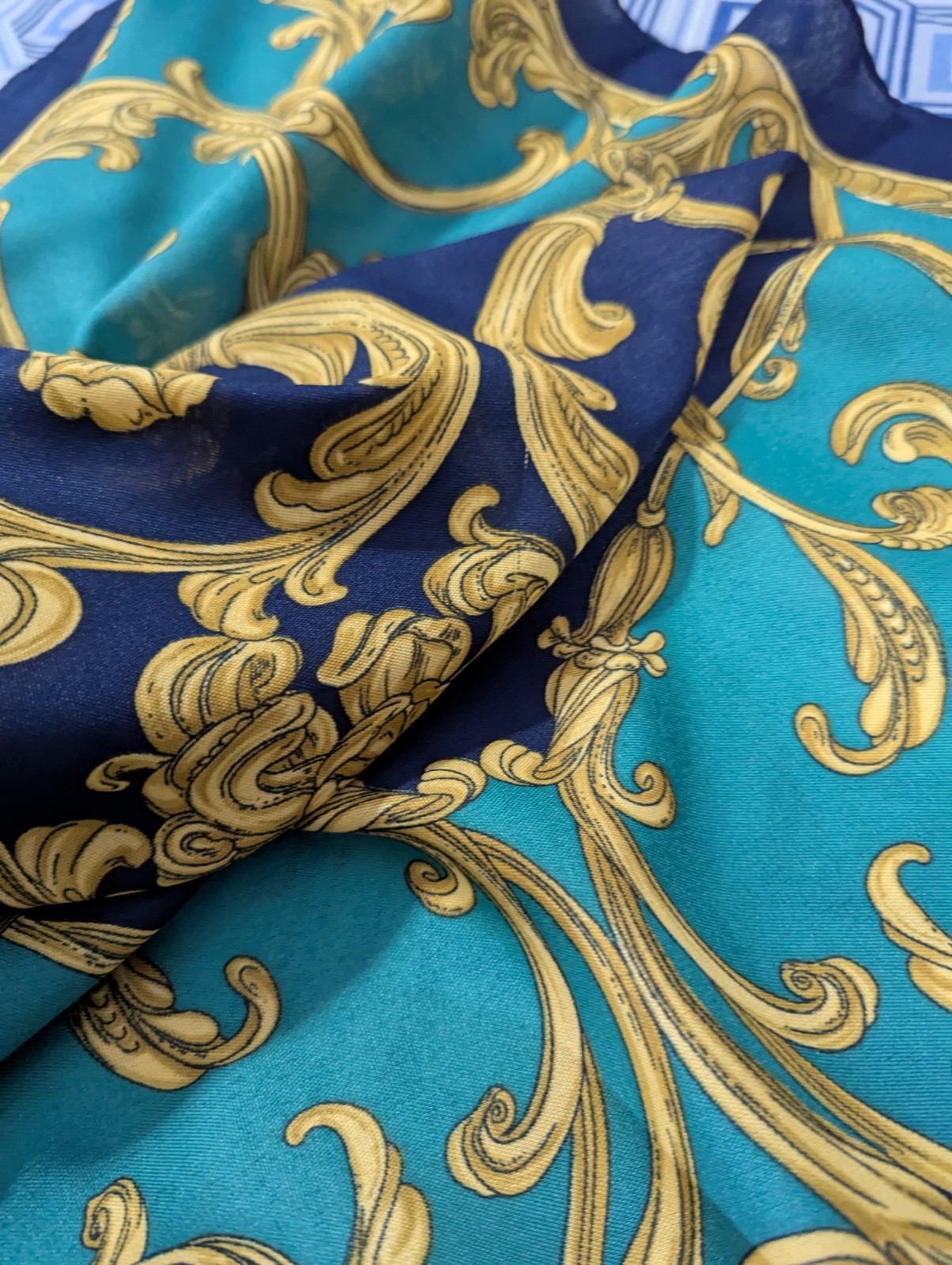 Silk Square Scarf 30x30 Gold Signature Baroque Print Bandana Rare image 4