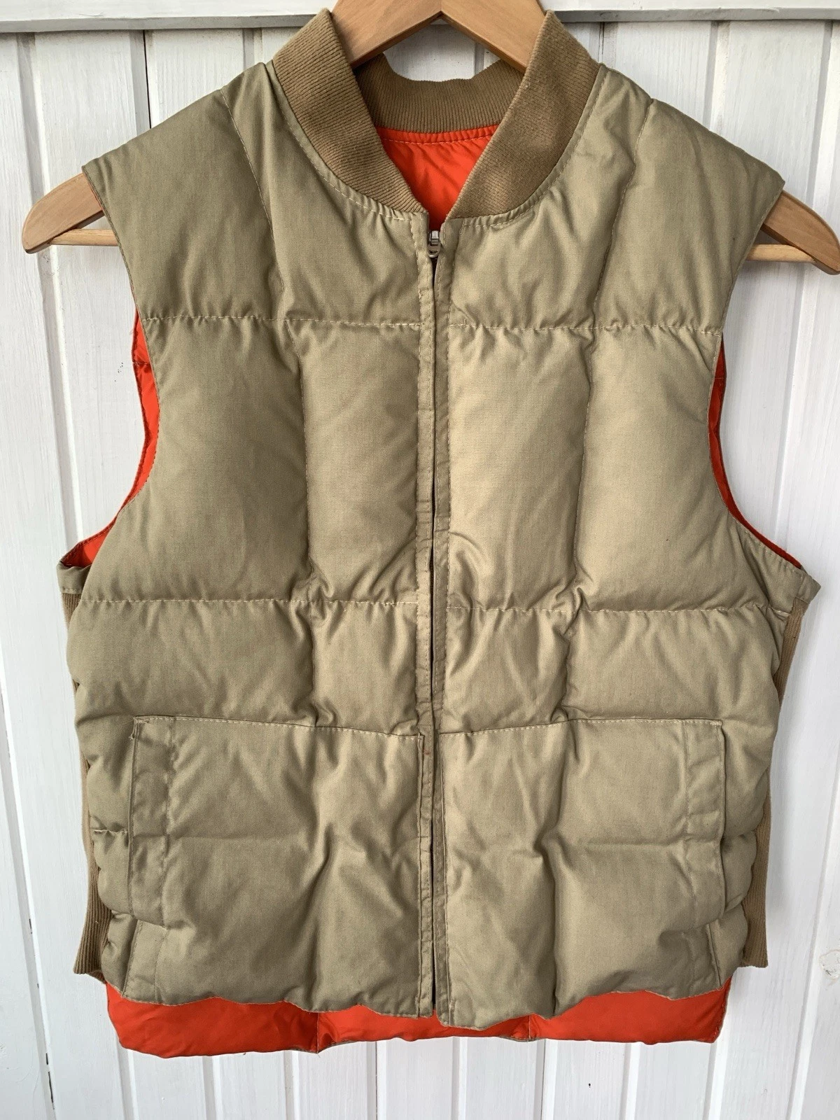 LL Bean Hunting Vest Tan Orange Reversible Small Outdoor Hiking Down 70s-80s