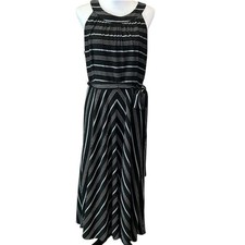 Tommy Hilfiger Halter Midi Dress Striped Crinkle Gauze Waist Tie Black Gray 12