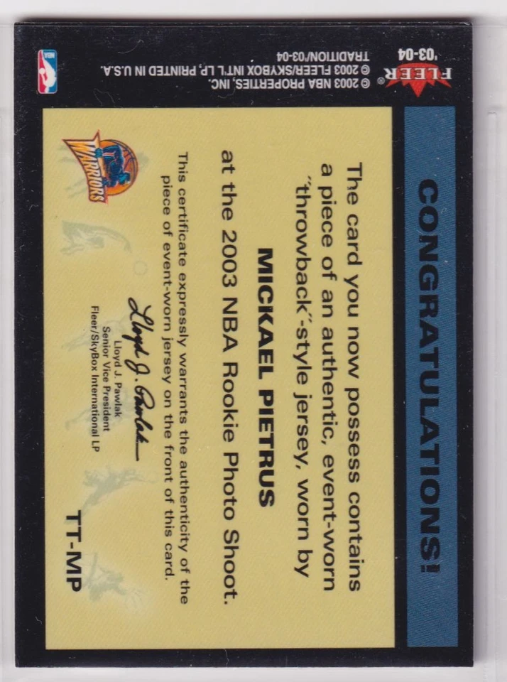 2003-04 Fleer Tradition #TT-MP Mickael Pietrus Throwback Threads Event Worn - Image 2 of 2