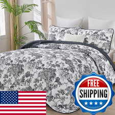 WONGS BEDDING Botanical Quilt Set Full Size, Black 3 Pieces Toile Floral Plants