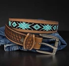 Full Grain Leather Hand Tooled Western Belt Cowboy Rodeo Beaded Removable Buckle