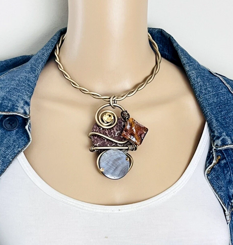 Collar Gargantilla Alambre Dorado Cristal Swarovski Piedras Preciosas Jeff Lieb Firmado Artesanalmente Foto 3 de 4