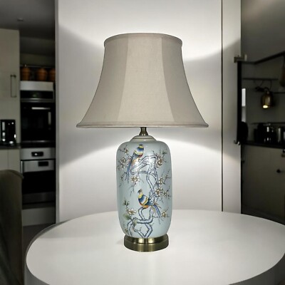 Große florale Keramik Tischlampe Plissee Schirm orientalisch Vogel Flur Leuchte 64 cm