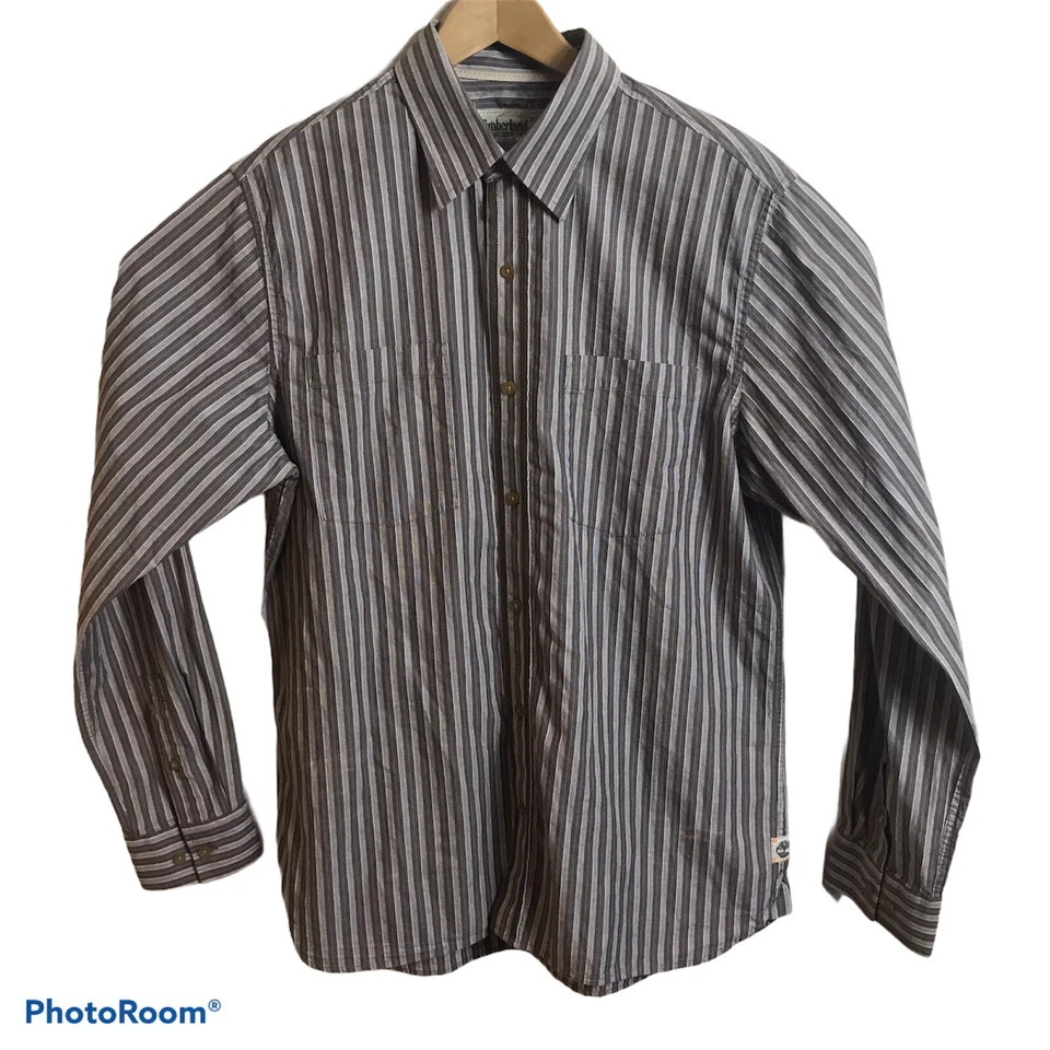 Camisa Timberland Para Hombre Grande Manga Larga Abotonada Marrón Rayas Algodón Bolsillos Foto 3 de 4
