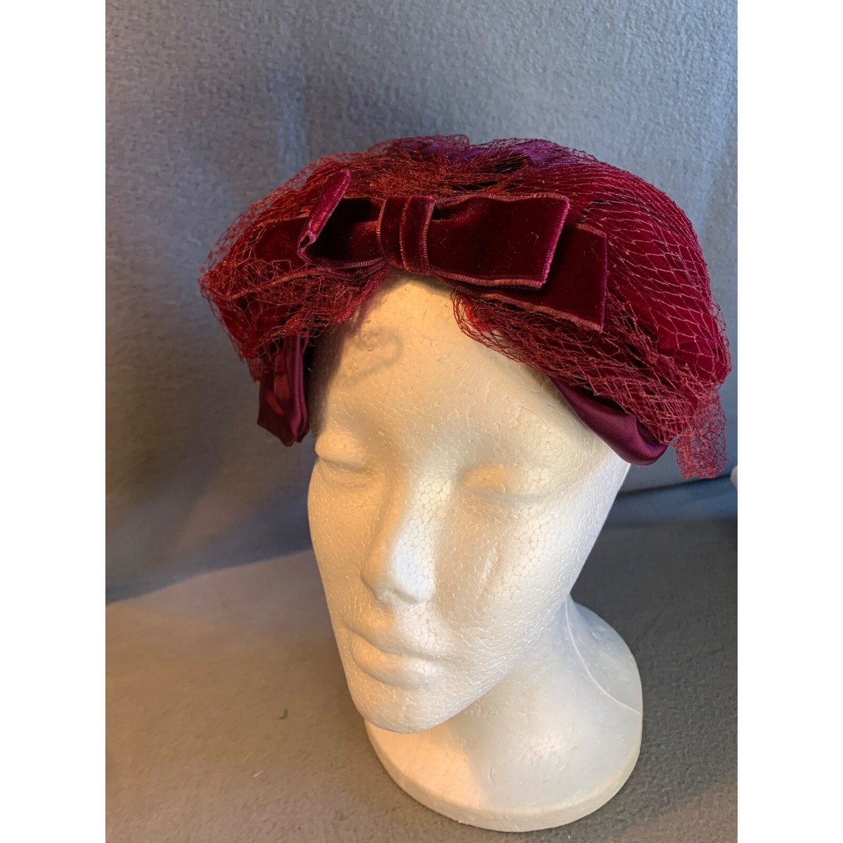 Ladies Red Velvet and Satin Hat with Netting Union Made  display picture 1