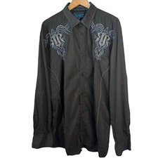 Roar Signature Black Blue Embroidered Button Up Dress Shirt Size XXL Western Y2K
