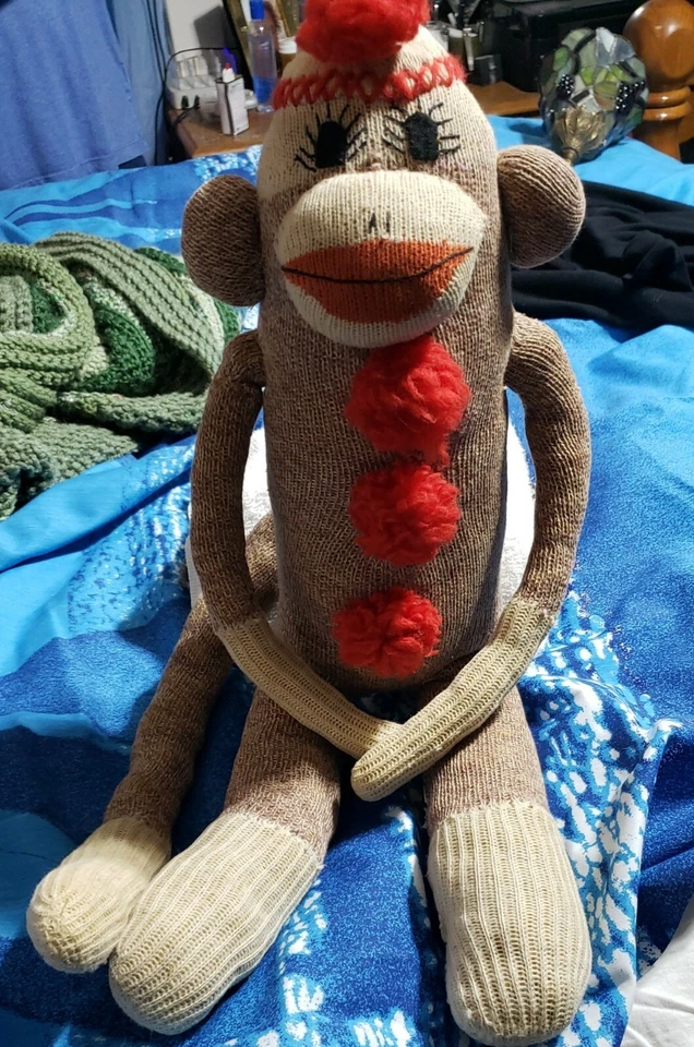 Vintage 1950s Hand Made sock monkey doll, 22" Red Pom Pom Hat & Long Eyelashes - Image 2 of 4