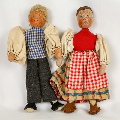 [PAIR] Vintage Handmade Dolls 7.25  Cloth Face Primitive Hand Stitched Gingham