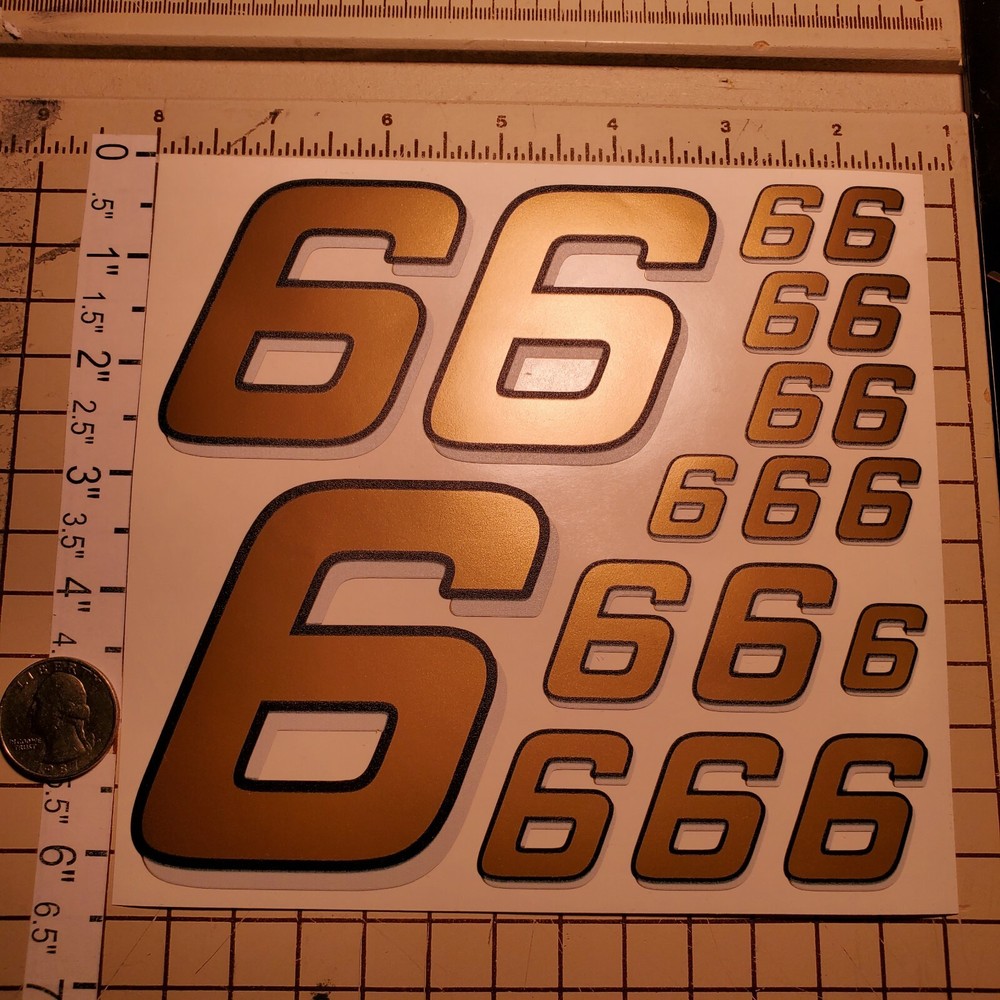 Gold w/Black-White #6's  Racing Numbers Vinyl Decal Sheet 1/10-1/12 slash