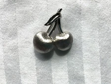 Trifari Vintage Costume Jewelry Silver Tone Two Cherries Pin Brooch