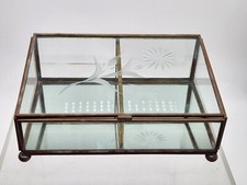 Brass Glass Etched Footed Hinged Lid Divided Trinket Jewelry Box 6 x 4  T31
