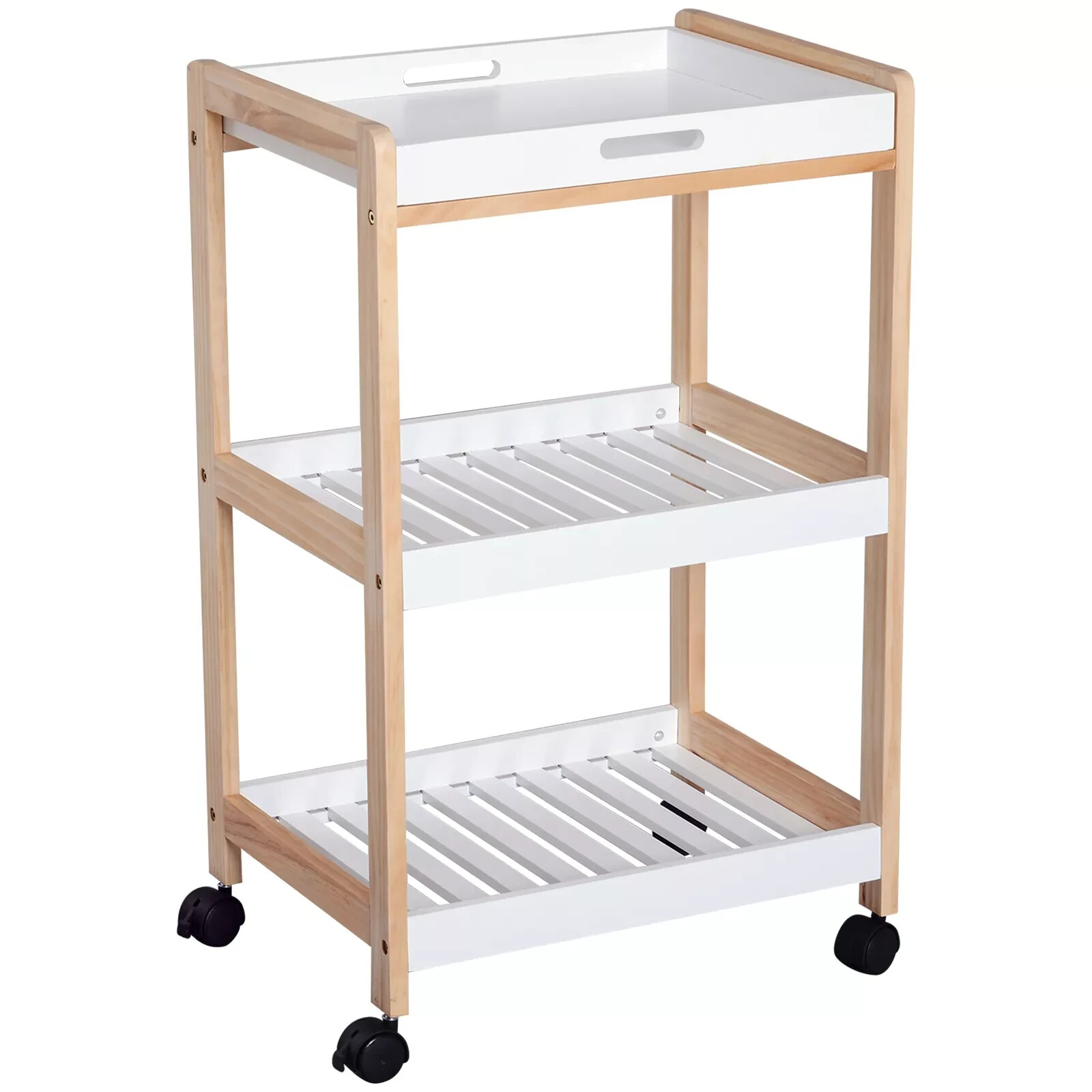 Mobile Serving Trolley Kitchen Cart Pine Wood Rolling Wheels White