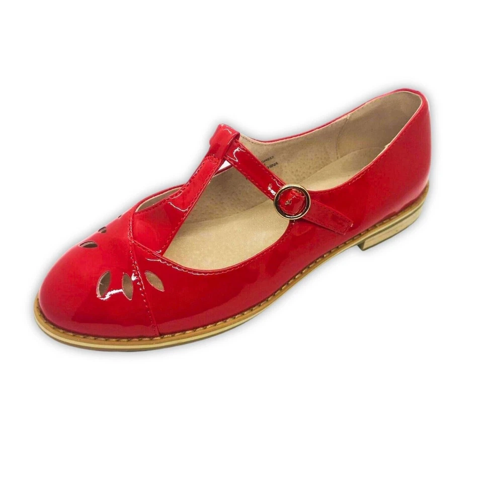 Topshop Gwenny Mary-Jane Patente Plana T Bar Zapatos Rojos Tallas 3-9 Mujeres Moda Foto 3 de 4