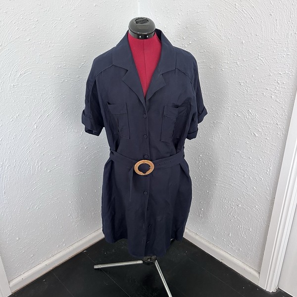 Portmans 14 Navy Utility Dress Button Down Waist Belt Pockets Navy Linen Work 