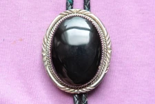 Vintage Hand Made Sterling Silver Large Onyx Native American Western Bolo Tie