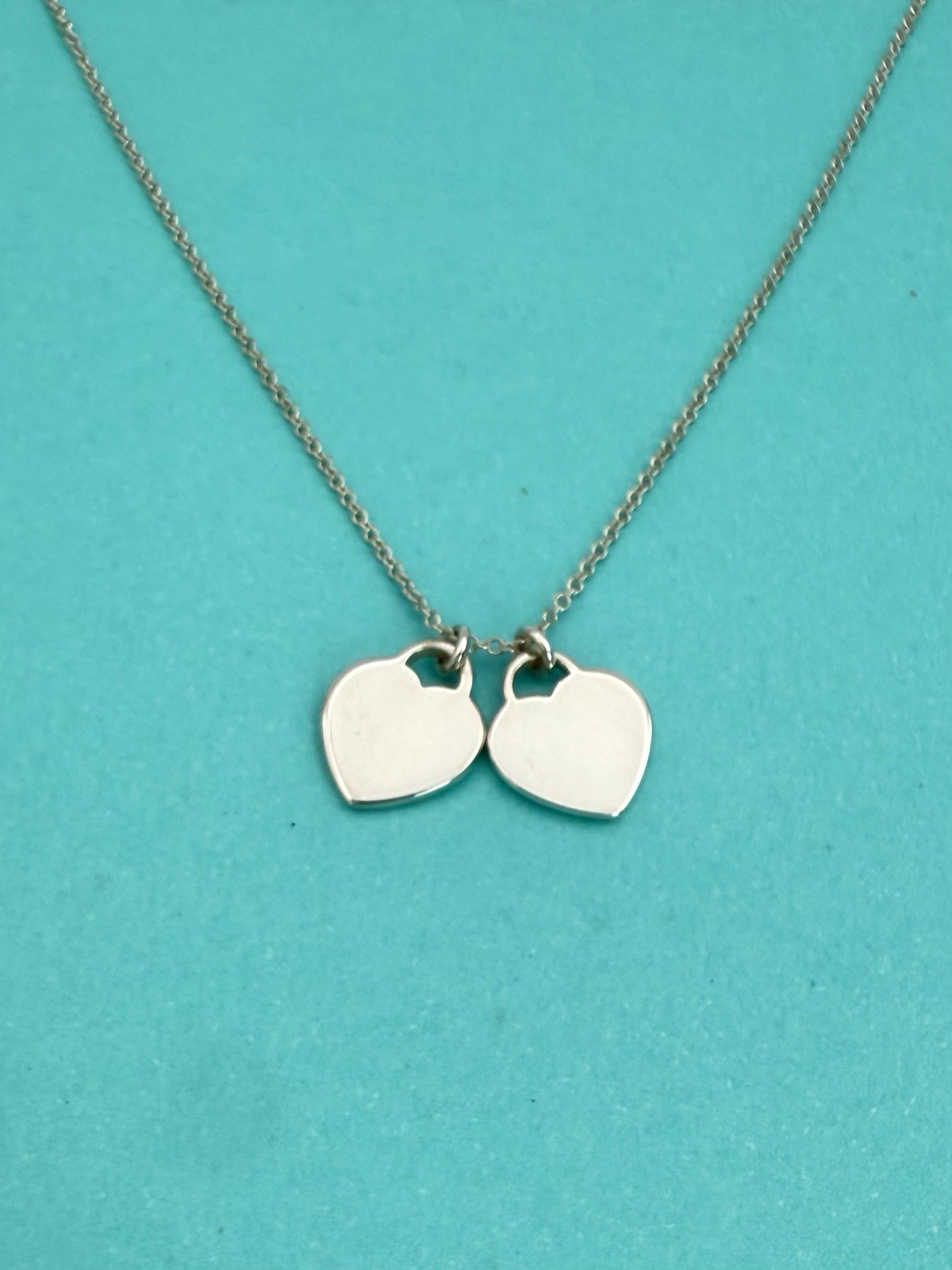 Tiffany Co Silver Blue Enamel Mini Double Heart Tag Pendant