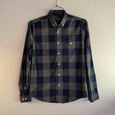 Express Mens Plaid Button-Up Shirt S 14-14.5'' Long Sleeve Blue/Green