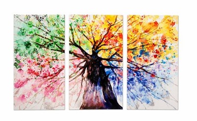 Designart Print Art Canvas,  in-3 Panels, Green/Yellow''Four Seasons Tree''