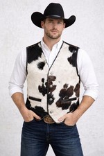 Men  s Black  White Hair-On Cowhide Leather Vest   Pony Skin Button Closure