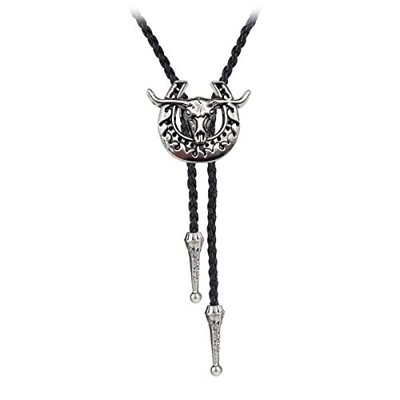BRBAM Retro 3D Animal Pendant Bolo Tie Western Cowboy Cow & Oxshoe - Silver