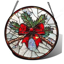 Stained Glass Window Hanging - Pine Branches Red Bow 6.3x6.3 IN Red and Green