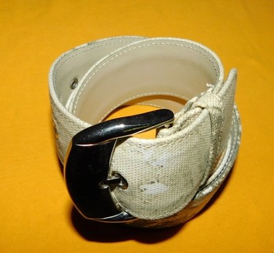 ROBERTO CAVALLI OFF WHITE/GREEN ABSTRACTDESIGN CANVAS/ LEATHER BELT SIZE 32-34''.