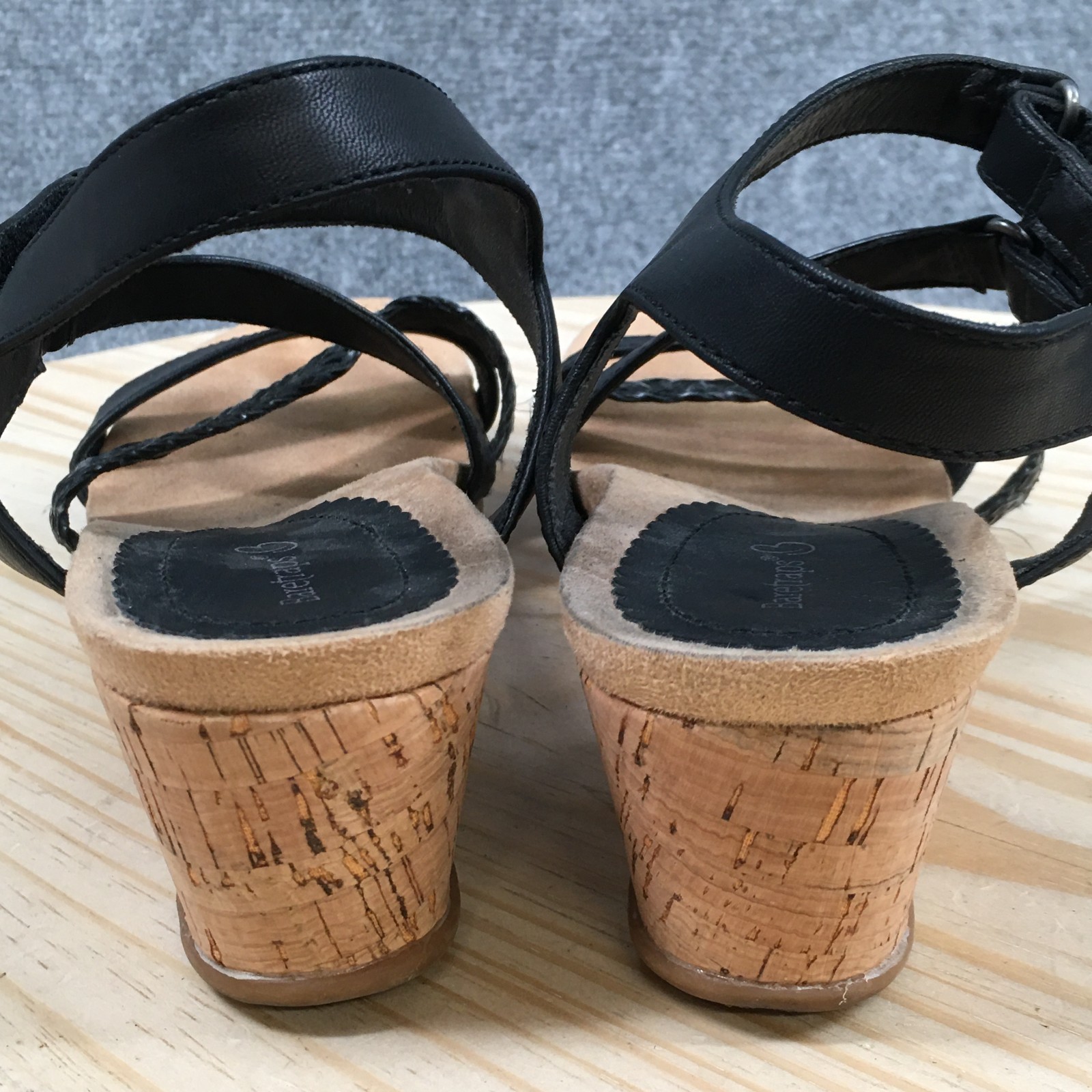 Baretraps Sandals Womens 11 M Finna Ankle Strap Black Faux Leather Wedge Heels