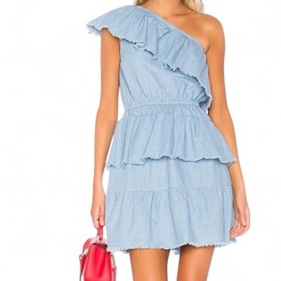 NWT MINKPINK x MP|D Ruff Stuff One Shoulder Ruffled Chambray Denim Dress   SMALL