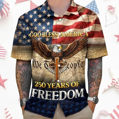 Patriotic Hawaiian Shirt God Bless America Eagle Cross Print