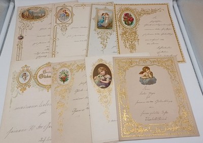 S7113/ 9 Old Birthday Letters 1879-1885 Litho Gold Print Angel Congratulations