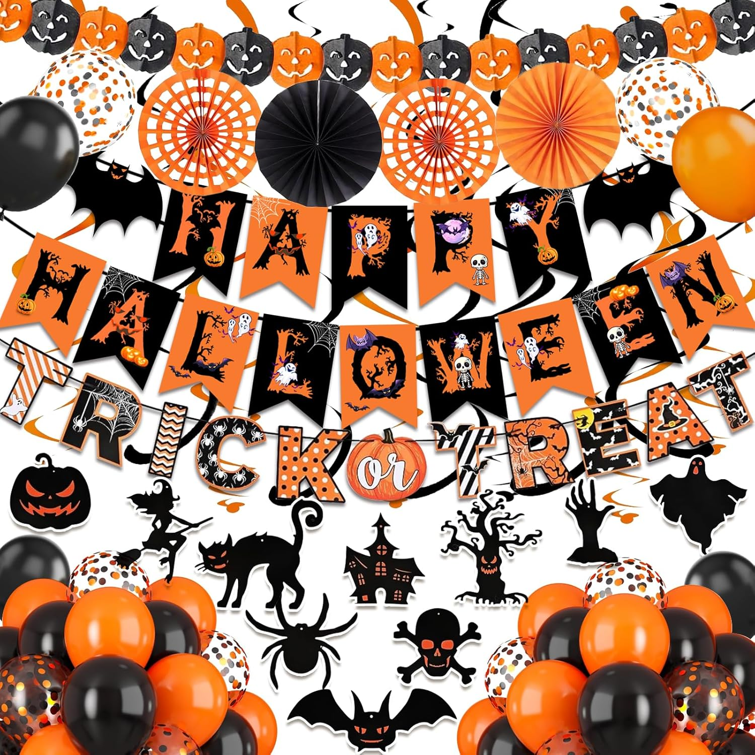 Spooky Halloween Trick or Treat Party Decor with Fan Balloons and Streamers