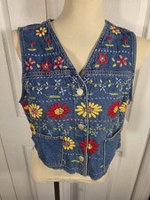 Vintage Susan Bristol Embroidered Denim Vest Floral Boho PM