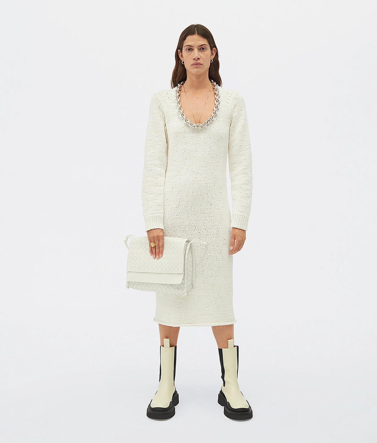 Bottega Veneta — BOTTEGA VENETA 2590$ Chalk White Textured Cotton Knit Dress - Chunky Chain