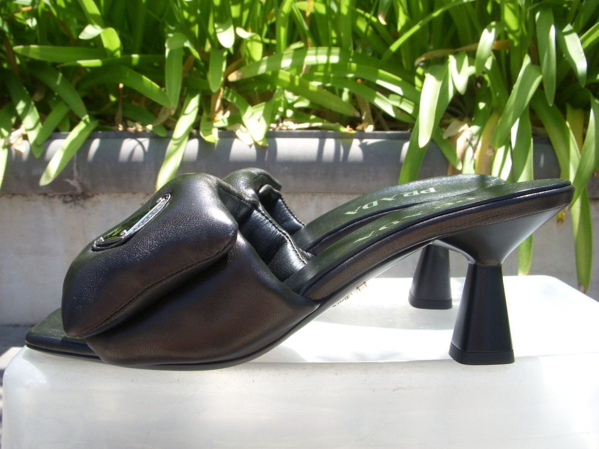 Prada Padded Nappa Soft Sandals Logo Black Wmn Ital Sz37 9 3/8