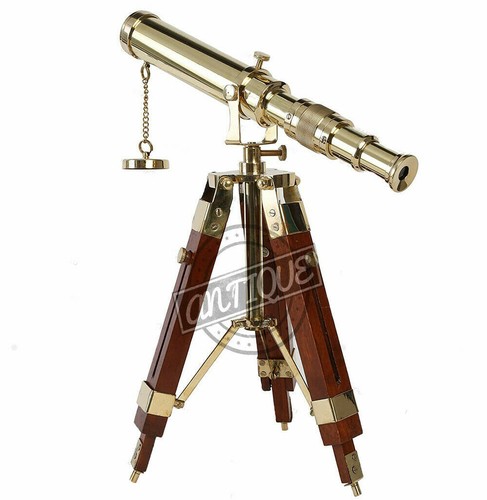 Telescopio con treppiede in legno vintage antico regalo decorativo nautico ottone massiccio - Foto 4 di 5