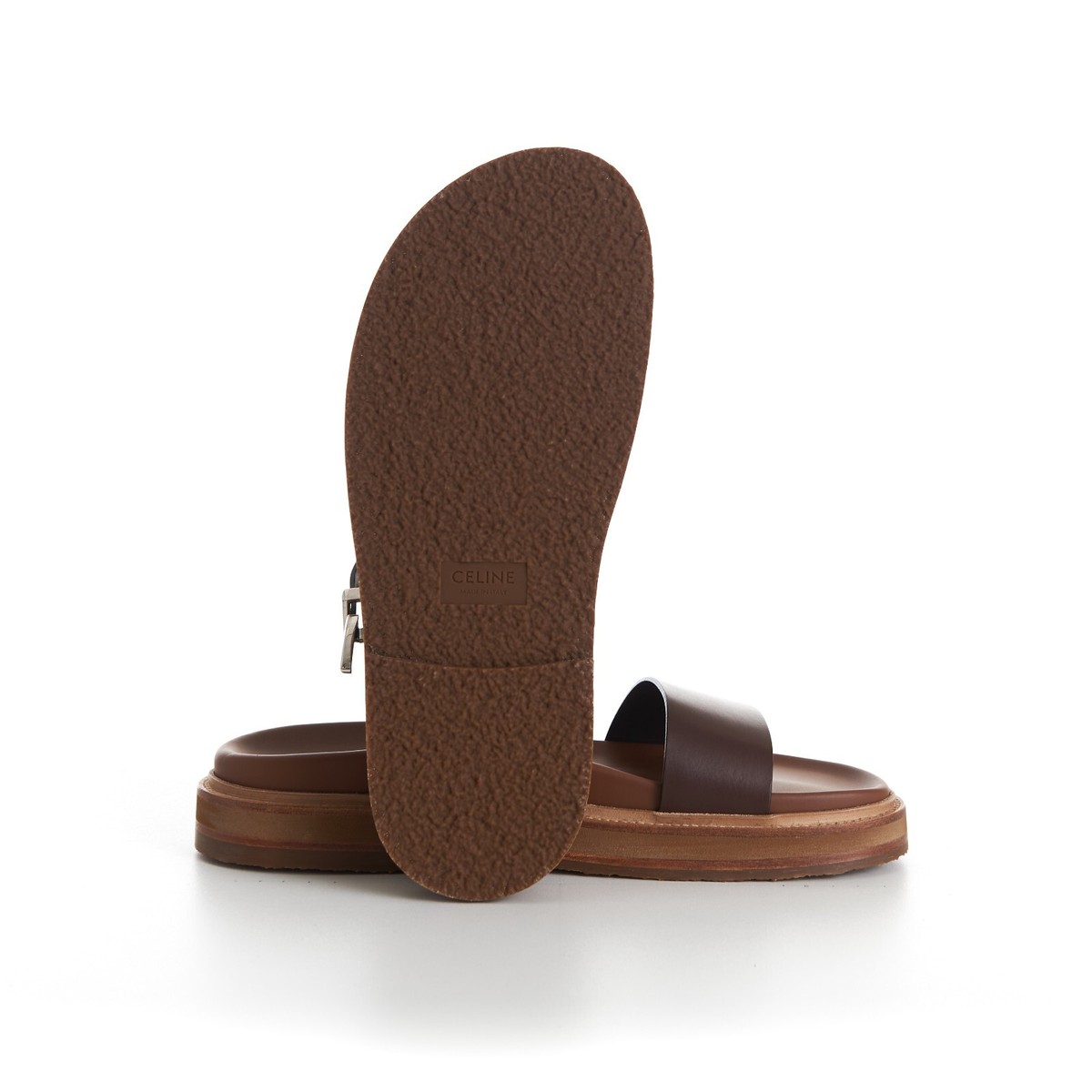 CELINE 1050$ Slide Sandals - Brown Leather, Western Buckle, TIPPI