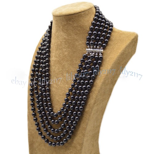 5 Rows Natural Black Agate Onyx Round Gemstone Beads Necklace 20-24 inch 6mm 8mm - Picture 8 of 8