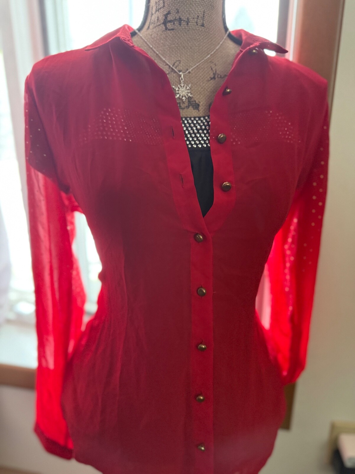 Notations Sheer, Red Studded Button-Up Blouse,  S… - image 20
