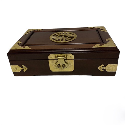Portagioie cinese asiatico legno ottone foderato velluto 12 x 7,5 x 3,5" vintage - Foto 17 di 17