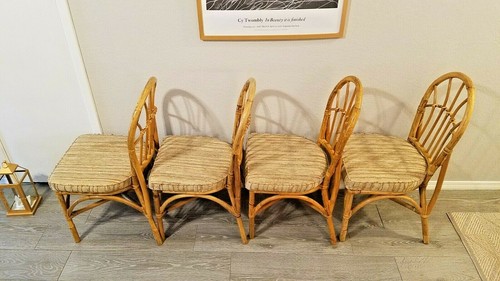 Set of 4 Vintage Bamboo Rattan Wicker Cane upholstered dining chairs Mid Century - Picture 7 of 11