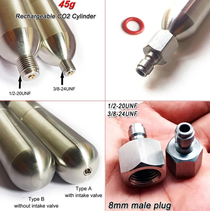 45g Co2 Cartridge Refillable 3/8-24UNF, 1/2-20UNF Thread Inflatable Rechargeable - Image 2 of 4