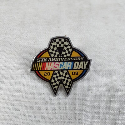 2008 Nascar Day 5th Anniversary Pin Checkered Ribbon & Silver Tone