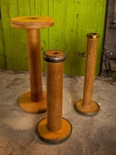 Vintage Industrial Bobbin Spools Set Of 3 Wood w/Metal Support Multifunctional