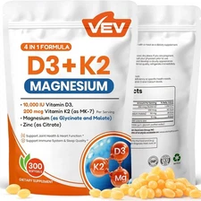 VEV Vitamin D3 K2 Magnesium 10000 IU Softgels Zinc Bone Muscle Energy 300ct