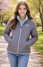 The North Face Mossbud Swirl Girls Reversible Fleece Jacket Gray/Green L 14/16