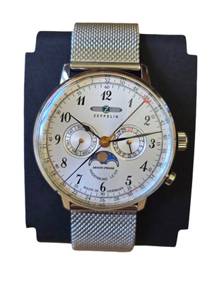 Zeppelin 7036M-1 Moonphase Men's Watch LZ 129 Hindenburg Silver Dial Day Date