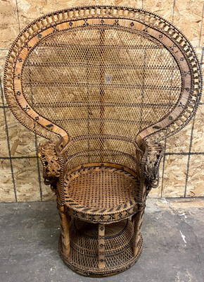 Vintage Peacock Chair Wicker Rattan Boho Fan Back Accent Chair Natural Brown
