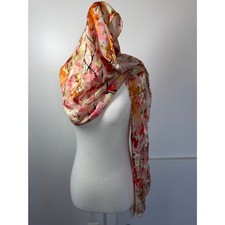 100 Silk Floral Scarf Watercolor Pink Orange Long Oblong Wrap Shawl Lightweight