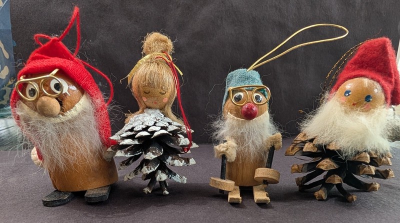 Vintage Wood Gnome Skiers And Pine Cone Couple Ornaments Set Of 4